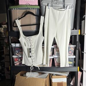 Fashion Nova Cream Lace-Up Top and Pants Set